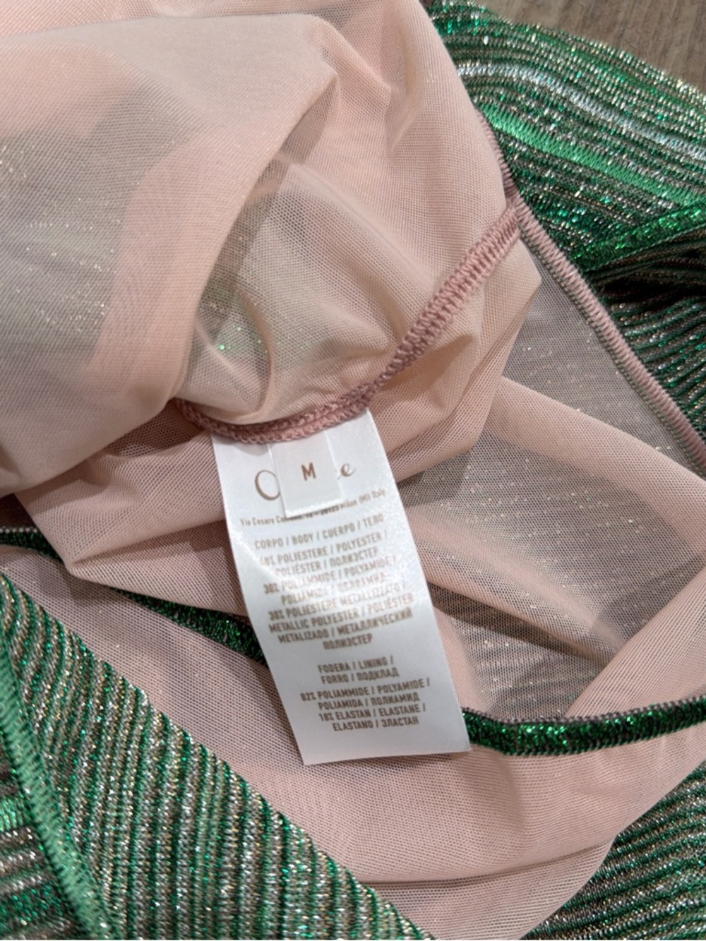 Oseree shiny striped kaftan mini dress with ring detail in green - Picture 5 of 7